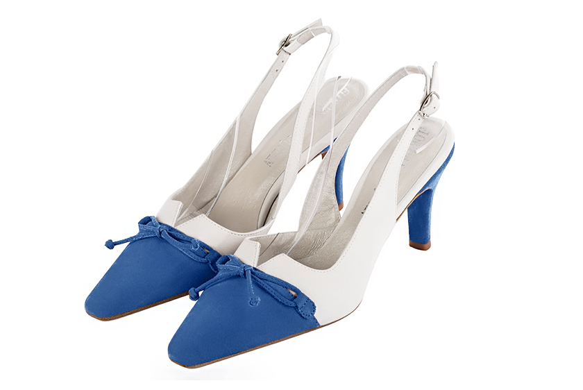 Dress slingback bow heels in electric blue and pure white leather with high slim heels and tapered toe - Front view